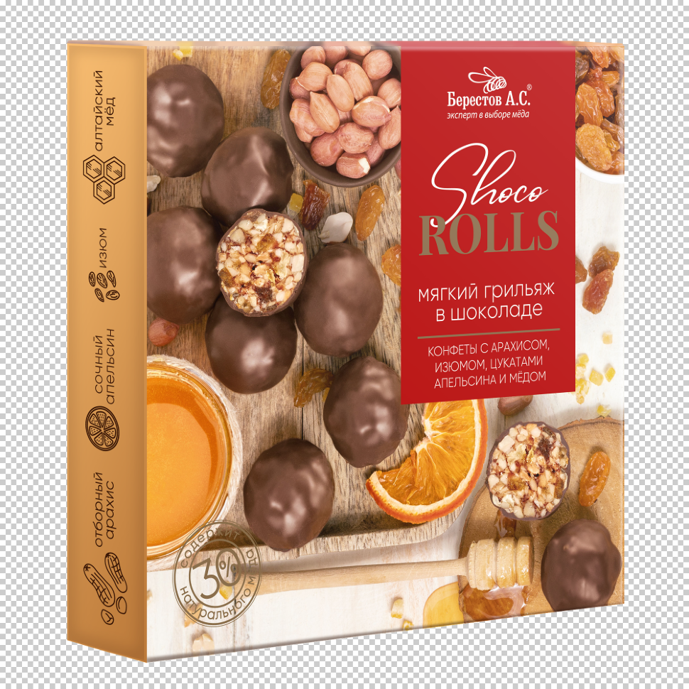  Берестов Shoco Rolls конфеты с арахисом, изюмом, цукатами апельсина и медом,  135г в Усолье-сибирском